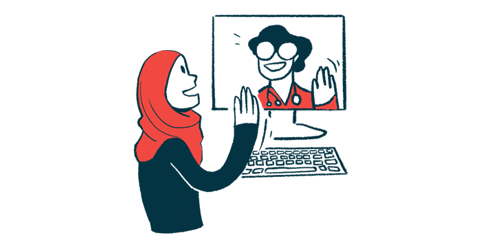 An illustration of a person talking to a provider on a computer.